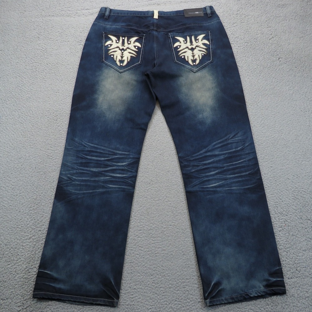 Raw Blue Premium Jeans Mens 38x34 Y2K Rhinestone Tribal Embroidered Grunge Blue